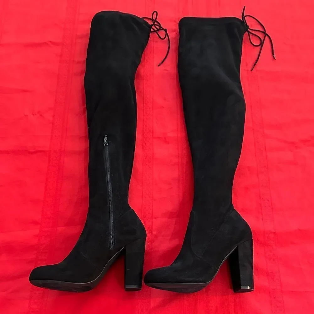 Olivia Ferguson Chic Black Suede Over the Knee Tie/Zip Boots Size 7.5